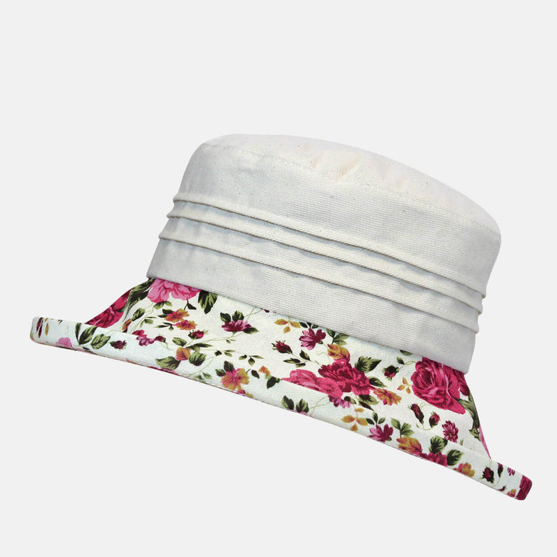 ladies cream sun hat with pink floral brim