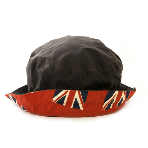 ladies brown waxed rain hat with red union jack design underbrim